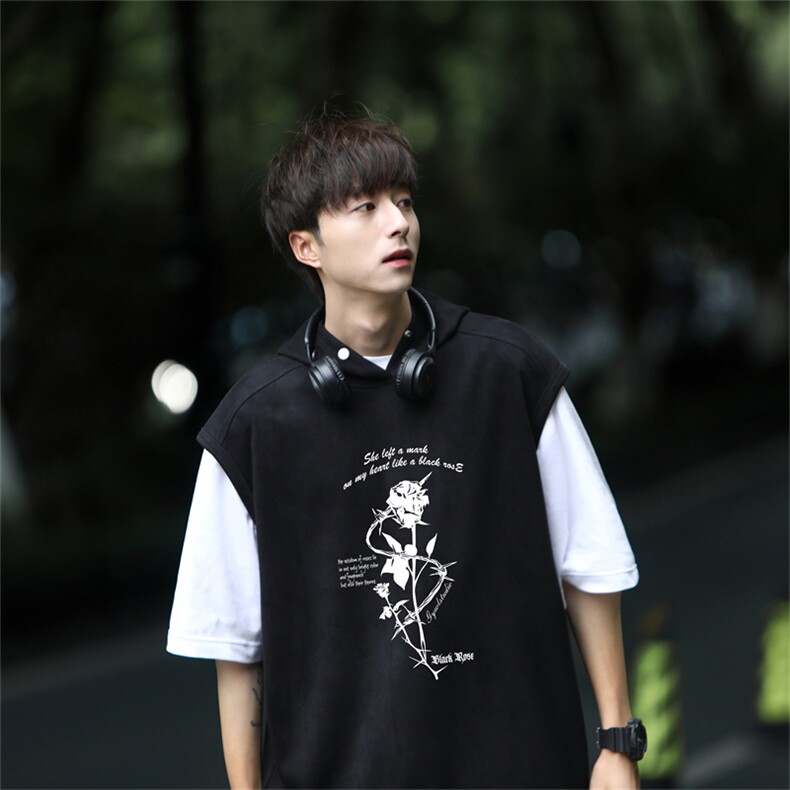 麂皮绒连帽背心坎肩男T恤美式港风JLB420-P30控48,男装T恤,电商B370