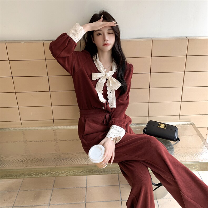 2024春季新款针织两件套蝴蝶结新年红色针织打底衫女高级短款套装,女装套装/套裙,浙宝042