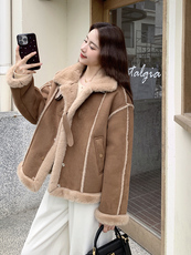 美拉德皮毛一体麂皮绒上衣女冬加厚羊羔毛外套，女装羊羔毛/颗粒绒，2B109