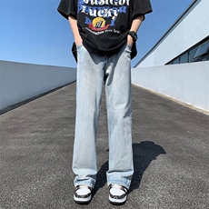 美式高街潮牌裤子男直筒百搭开叉排扣显瘦微喇长裤N01037-P40，男装牛仔裤，星座308B-1