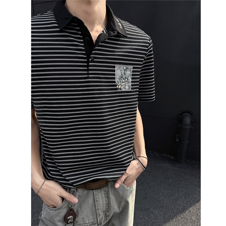 25夏新男高品质风条纹刺绣polo短袖T黑墙705-1-T003-P48无差价,男装Polo衫,星座705-1