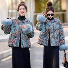 新中式提花真狐狸毛短款羽绒服女2025年冬季时尚洋气外套90白鸭绒，女装羽绒服，润尚靓点
