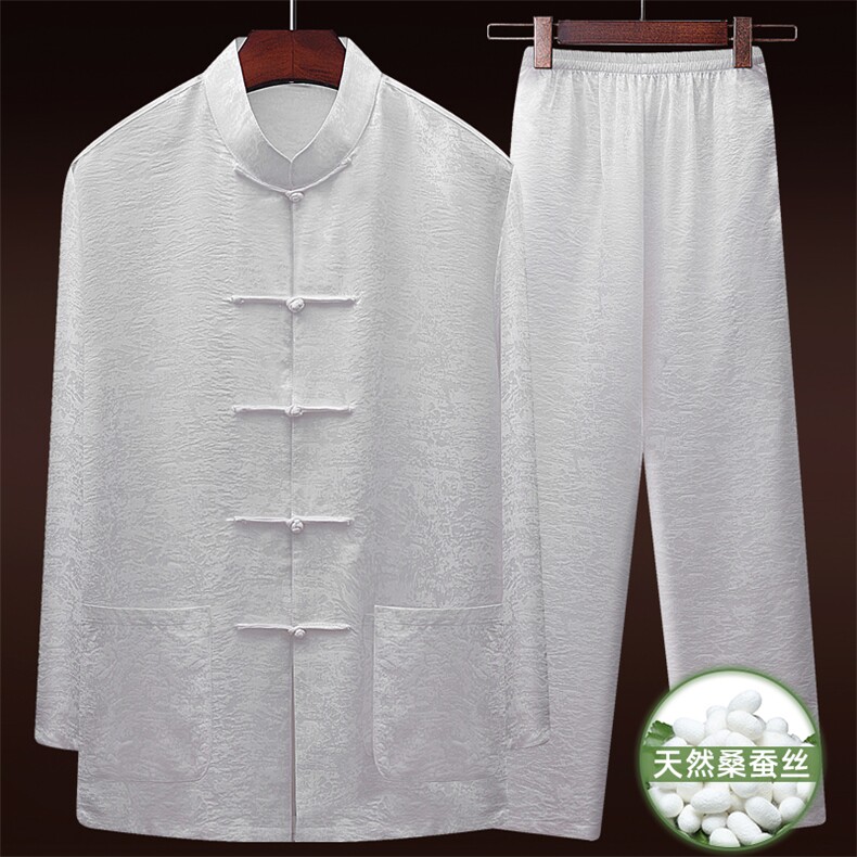 25新款夏款中老年风唐装真丝绸长袖套装太极服套装，男装休闲套装，钱塘723