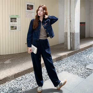 时尚休闲牛仔衬衫套装裤女春秋又a又飒御姐盐系轻熟巨好看两件套图片