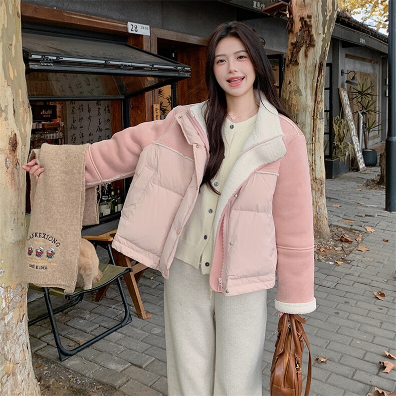 粉色羽绒服女冬温柔甜美皮毛一体羊羔毛拼接短外套6101p235K368,女装羽绒服,维壹
