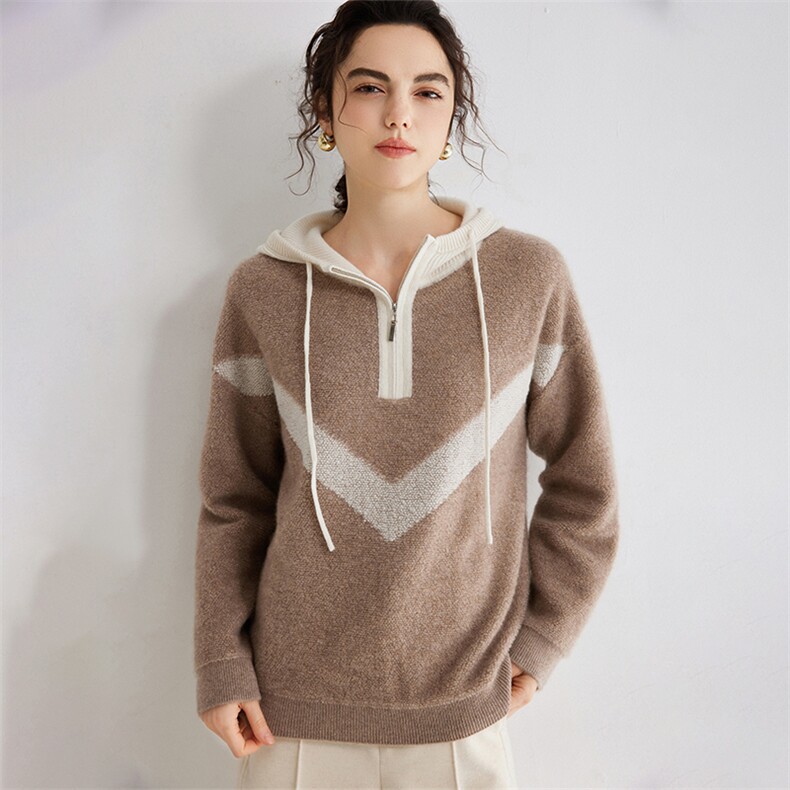 2024年秋季长袖套头时尚毛巾圈半拉链连帽羊绒衫，女装羊绒衫，旭日羊绒