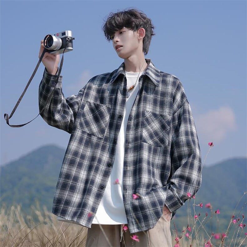 秋季新款日系格子翻领长袖衬衫外套男潮流宽松C5453-特P30控58，男装衬衫，电商A001-1