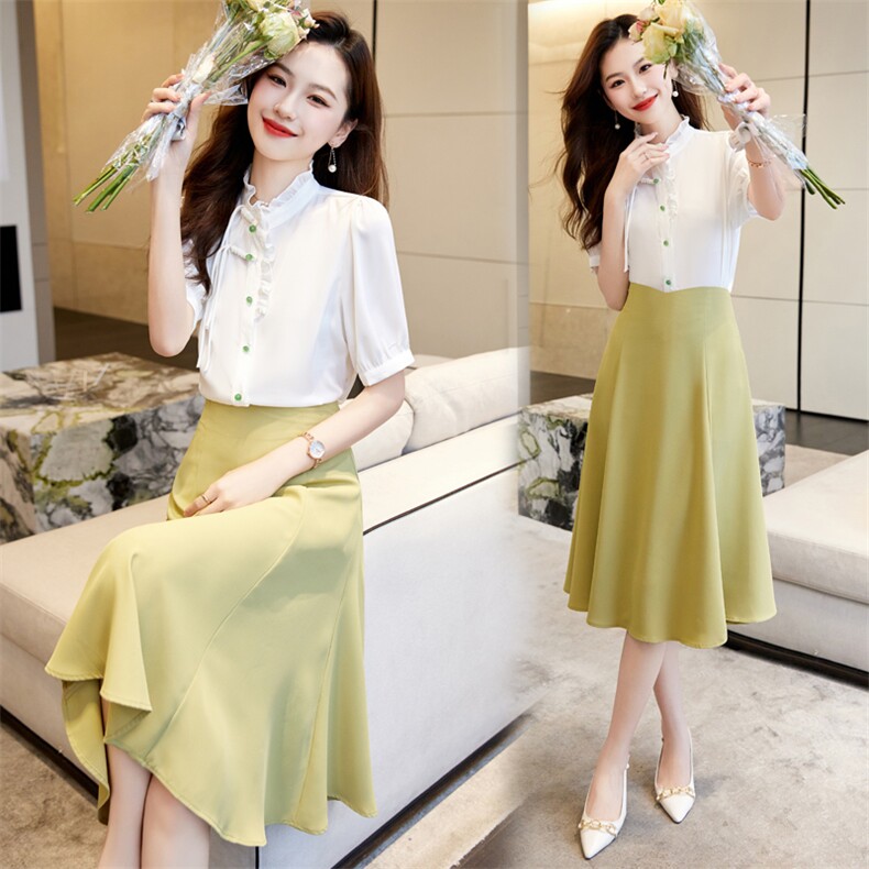 套装女夏季2023新款时尚洋气新中式衬衫减龄显瘦休闲半身裙两件套，女装套装/套裙，时尚俏佳人