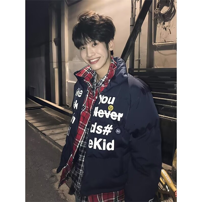 潮牌美式假两件格子棉服外套男女冬季情侣徽章保暖棉衣LW2100-P70,男装棉衣,星座1008