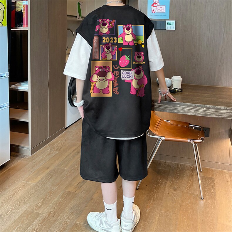 直播美式麂皮绒宽松背心无袖t恤短裤大码两件套套装TZ38-P58,男装T恤,电商A486
