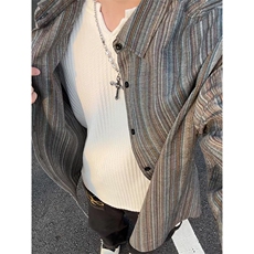 美式复古条纹长袖衬衫男宽松日常百搭休闲翻领外套C2272-特价P37，男装衬衫，电商A007