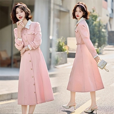 超好看温柔长袖衬衫裙女春秋2025新款减龄粉色棉质收腰A字连衣裙，女装连衣裙，铭街依杨