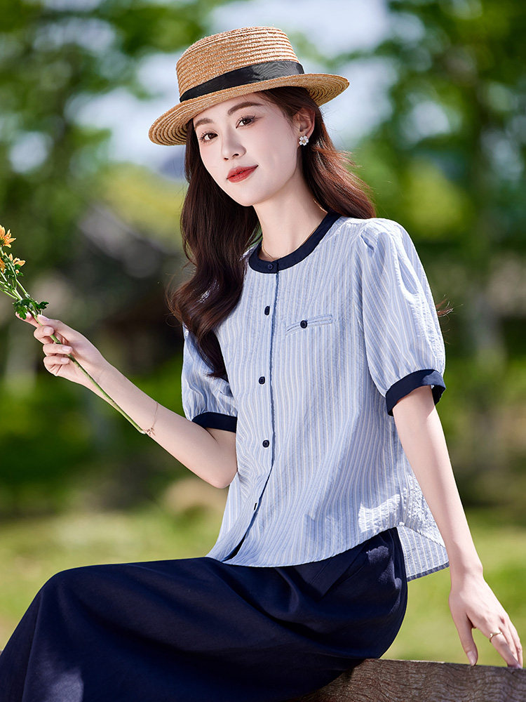 棉麻女夏季2025新款大方得体穿搭一整套短袖衬衫休闲裤,女装衬衫,靓衣阁