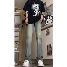 半松紧加绒复古蓝直筒牛仔裤，男装牛仔裤，四季星座505