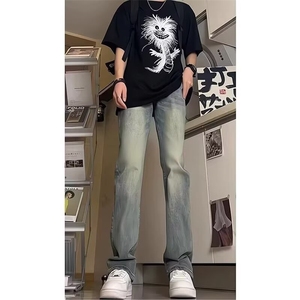 半松紧加绒复古蓝直筒牛仔裤图片