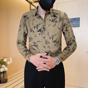 301A-1/H515/P58 2024秋装新款男士印花长袖衬衫男修身花衬衣图片