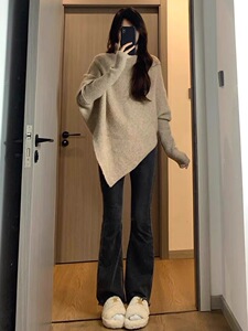 高领羊毛衫女秋冬新款纯色不规则针织长袖宽松打底羊毛衫图片