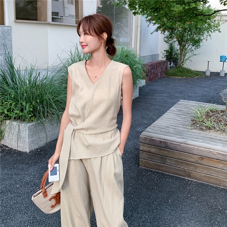 老钱风设计感系带上衣套装女2025夏季新款气质高级感阔腿裤两件套,女装套装/套裙,2C135