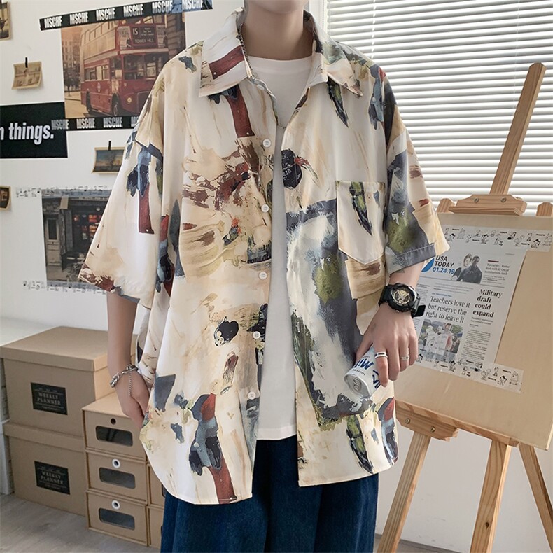 夏欧美复古油画印花短袖衬衫男潮牌街头宽松慵懒风休闲W720-P30,男装衬衫,星座512-2