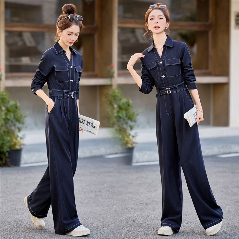 （新款现货）2026春装时尚高级显瘦天丝牛仔V领腰带阔腿连体裤，女装连体裤，印象茜