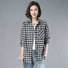 2021年春季通勤韩版格子衬衫POLO领排多扣磨毛衬衣，女装衬衫，伊满意