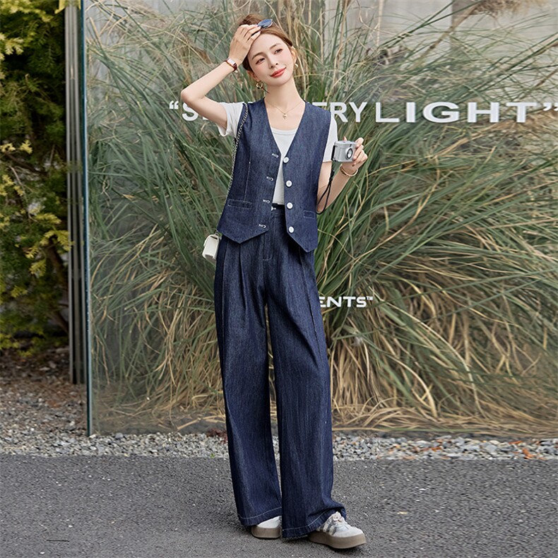 欧货时尚牛仔套装女高级感2025春夏新款气质显瘦马甲阔腿长两件套，女装套装/套裙，衣之秀