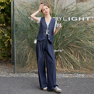 欧货时尚牛仔套装女高级感2025春夏新款气质显瘦马甲阔腿长两件套，女装套装/套裙，衣之秀