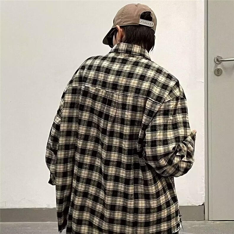 日系古着宽松格子衬衫男学院风刺绣破烂长袖工装衬衣情侣毛边外套,男装衬衫,星座1018A
