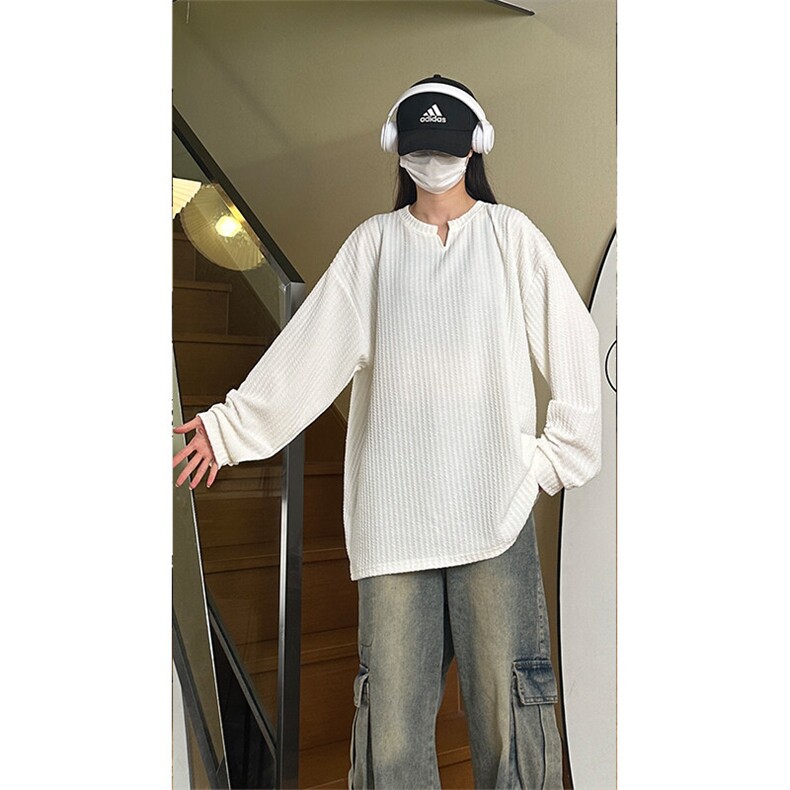 港风日系复古提花慵懒风宽松V领套头长袖T恤XZ213-V001-P35控48,男装T恤,星座213