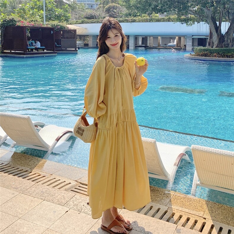 黄色度假风灯笼袖连衣裙女2025夏季新款法式复古高级感气质长裙子,女装连衣裙,2C115