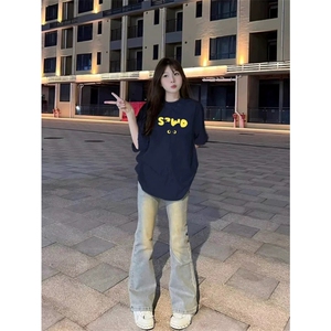 网图有货 美式夏季高街藏青复古字母印花短袖宽松T恤男女A647-P25图片