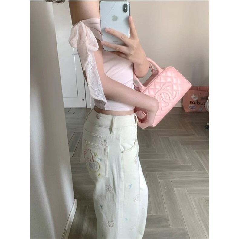 AK2329-P60美式可爱卡通刺绣牛仔裤女夏季设计感直筒阔腿梧桐裤,女装休闲裤,星座617A-2