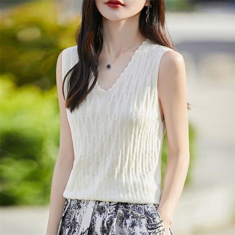 冰丝针织打底衫V领花边桑蚕丝吊带背心女士无袖t恤上衣春季薄款,女装背心吊带,暖烁羊绒