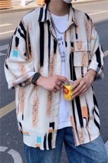 C8045/P35港风夏季条纹个性衬衫男短袖衬衣宽松休闲大码上衣男，男装衬衫，电商A141