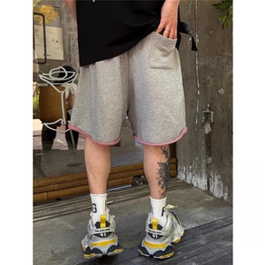 灰色重磅卷边短裤男款夏季毛圈美式运动裤子双色料休闲宽松五分裤图片