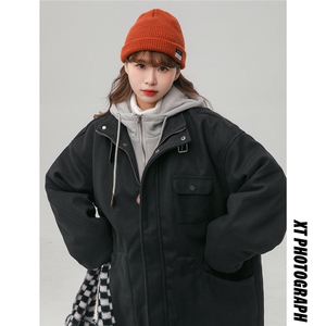 EQ158 冬季新款港风休闲美式毛呢假两件连帽棉服外套情侣棉衣P145图片