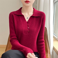 纯色简约POLO领长袖针织衫女秋冬时尚气质显瘦百搭打底衫翻领毛衣，女装羊毛衫，端硕羊绒