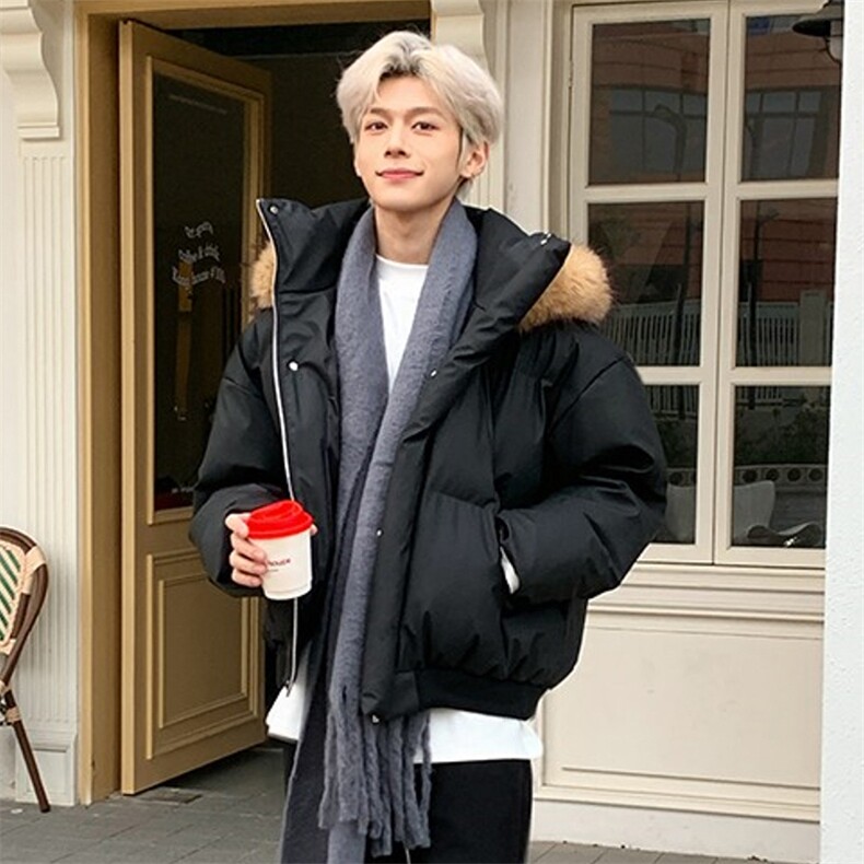 现货三防重磅硬挺boxy短款羽绒棉衣座山雕大毛毛领PU皮棉服外套冬，男装棉衣，电商A443