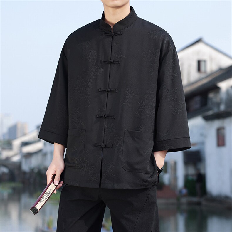 2025夏季新款男士风竹子提花衬衫宽松大码立领上衣CS2503-P70,男装衬衫,电商A008