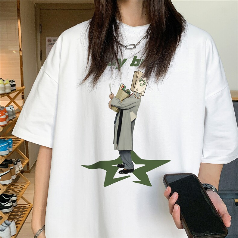 中性潮牌设计小众宽松圆领人像印花短袖T恤女宽松上衣H838P30,男装T恤,电商A341