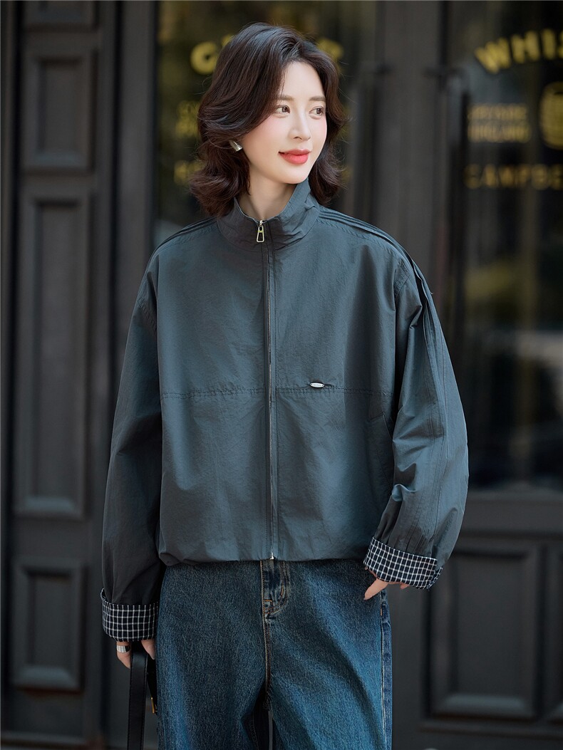 极简风休闲气质短款外套女2025春秋新款时尚宽松百搭拉链夹克上衣,女装短外套,米莱