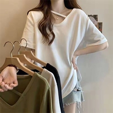 大码黑色v领正肩短袖t恤女2025夏装胖mm显瘦遮肚子宽松设计感上衣，女装T恤，星座506A