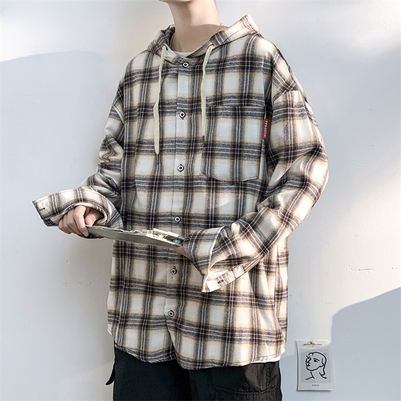 2021秋季新款港风百搭潮流大码男休闲连帽格子衬衫C526-P45,男装衬衫,电商A001