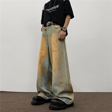 水洗做旧牛仔裤男士2024春季美式高街复古宽松垂感废土风拖地裤子，男装牛仔裤，星座1013