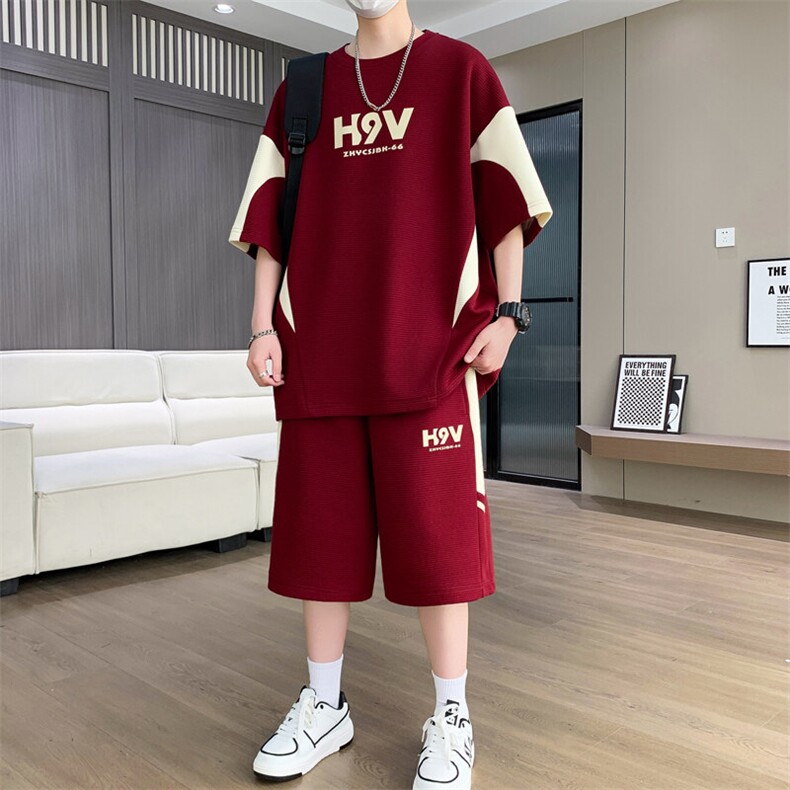 港风套装男休闲宽松时尚拼接色圆领短袖T恤短裤两件套-TZ1718-P57,男装牛仔裤,星座310B