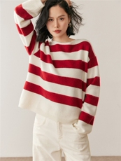 秋季条纹针织衫休闲百搭简约风，女装针织衫/毛衣，鸥蕊娅羊绒