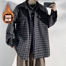 冬款加绒加厚韩版夹克男千鸟格翻领毛呢外套J25861J加绒-P80，男装夹克，电商A001