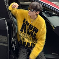 重磅加厚圆领毛衣男毛茸茸慵懒休闲字母提花针织衫上衣M572，男装针织衫/毛衣，星座1116A-1（原606A）