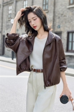 皮衣女2025秋季新款时尚帅气立领宽松皮外套，女装皮衣，英标秀（1C119）