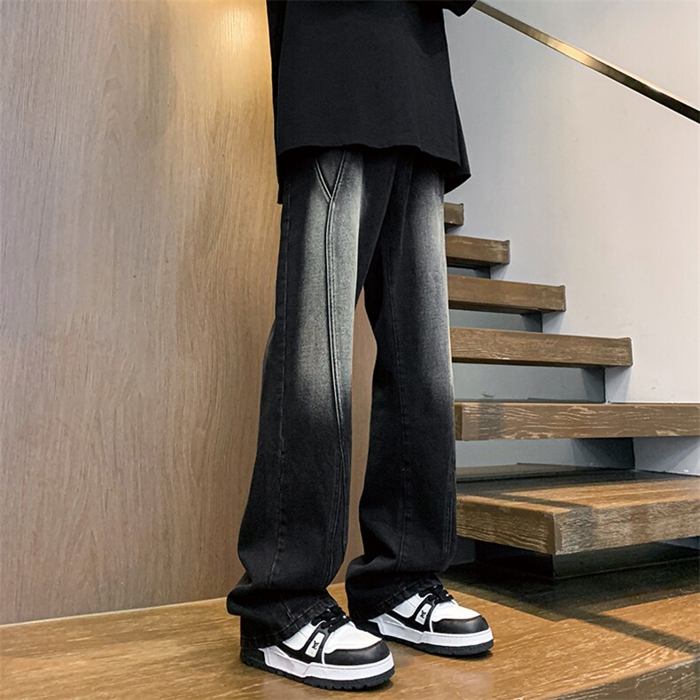 美式高街渐变水洗牛仔裤男款微喇拼接潮牌裤子复古KZ014P63加绒73，男装牛仔裤，电商B312